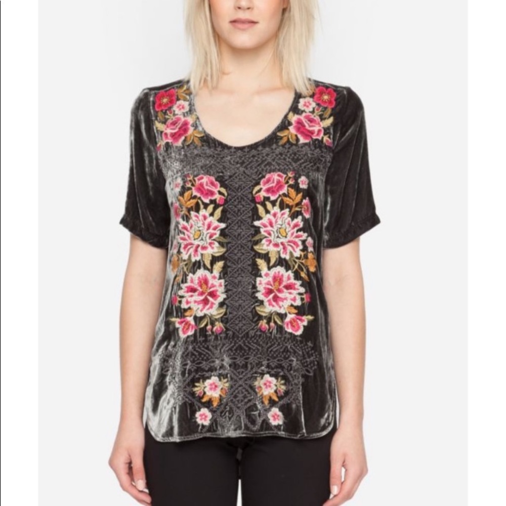 Johnny Was gray velvet embroidered Hila top